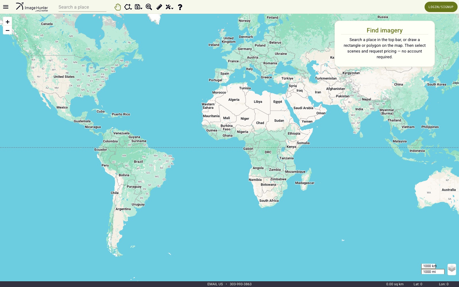 Image Hunter search interface — world map with place search, drawing tools, and a Find imagery panel for querying the global satellite archive