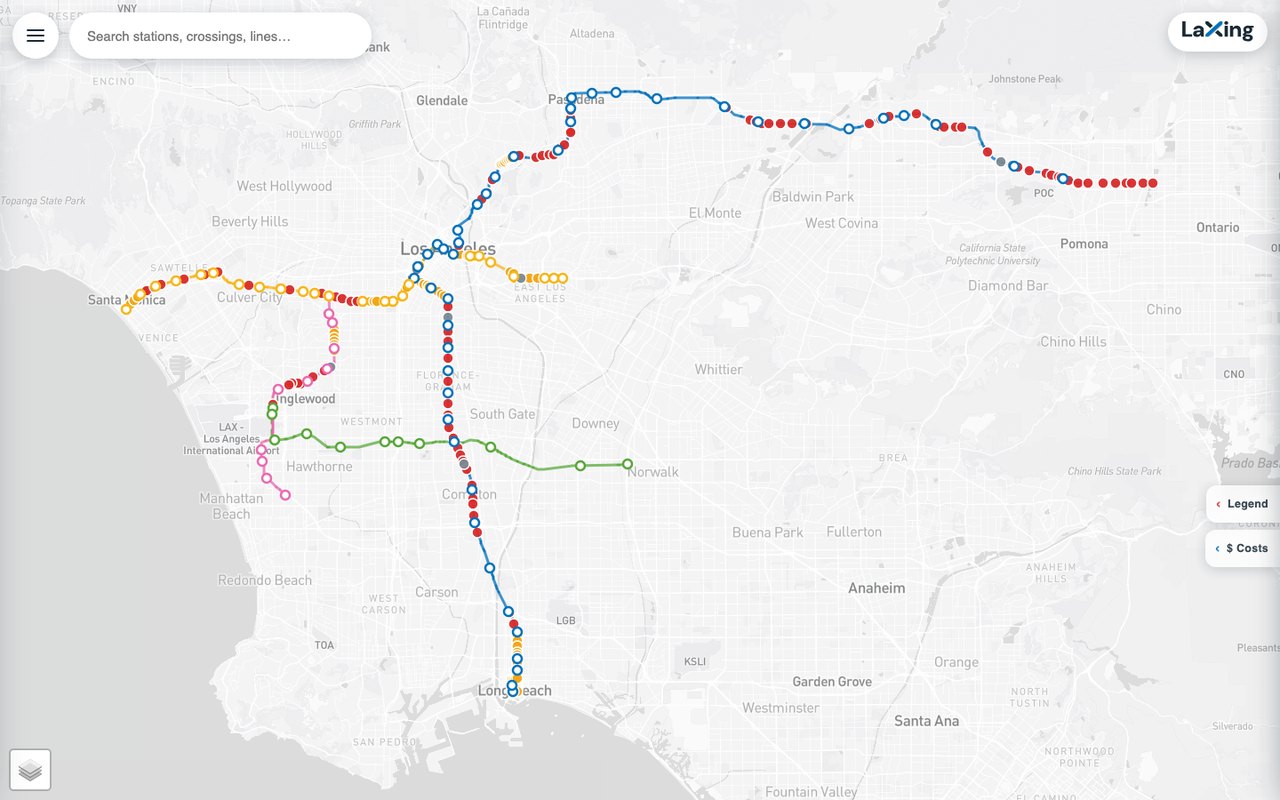 LaXing full crossings map — every at-grade crossing on the A, E and K Lines