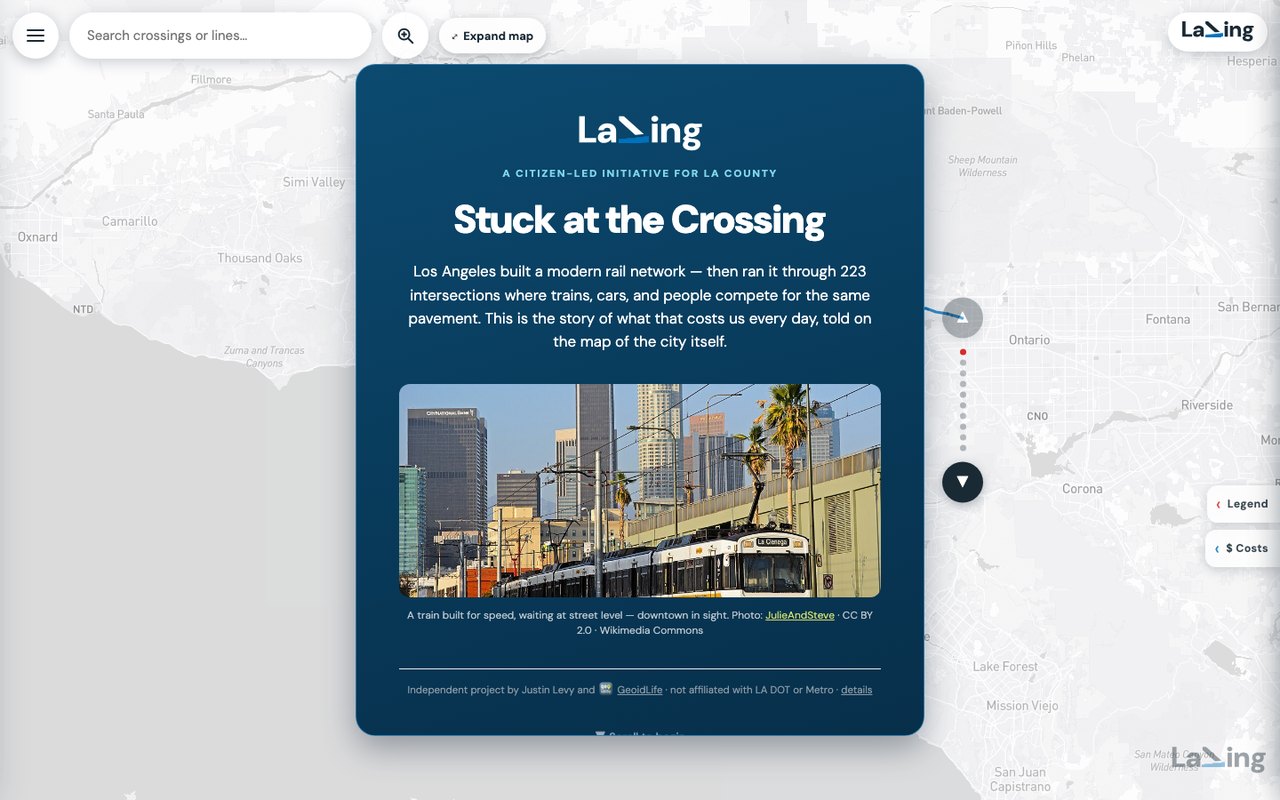 LaXing Story Map — the opening chapter floating over a map of Los Angeles